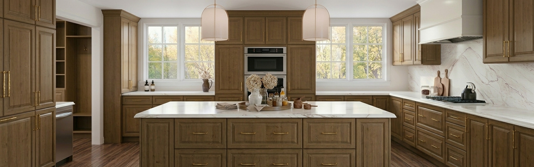 Transitional modular kitchen design featuring natural wood grain shaker cabinets, white marble waterfall island with 20mm quartz counter top, and gold hardware with integrated appliances.