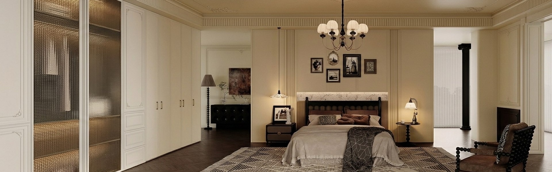 Floor-to-ceiling bespoke bedroom wardrobe with fluted wall panels, integrated LED lighting, and smoked glass doors for a high-end walk-in closet feel.