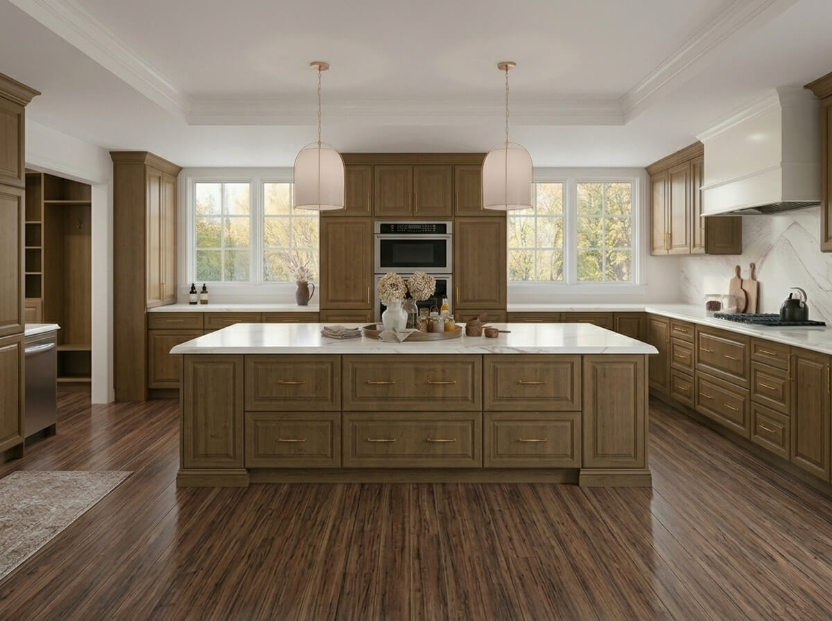 Spacious transitional modular kitchen featuring a large marble waterfall island, classic wood cabinetry, and custom range hood.