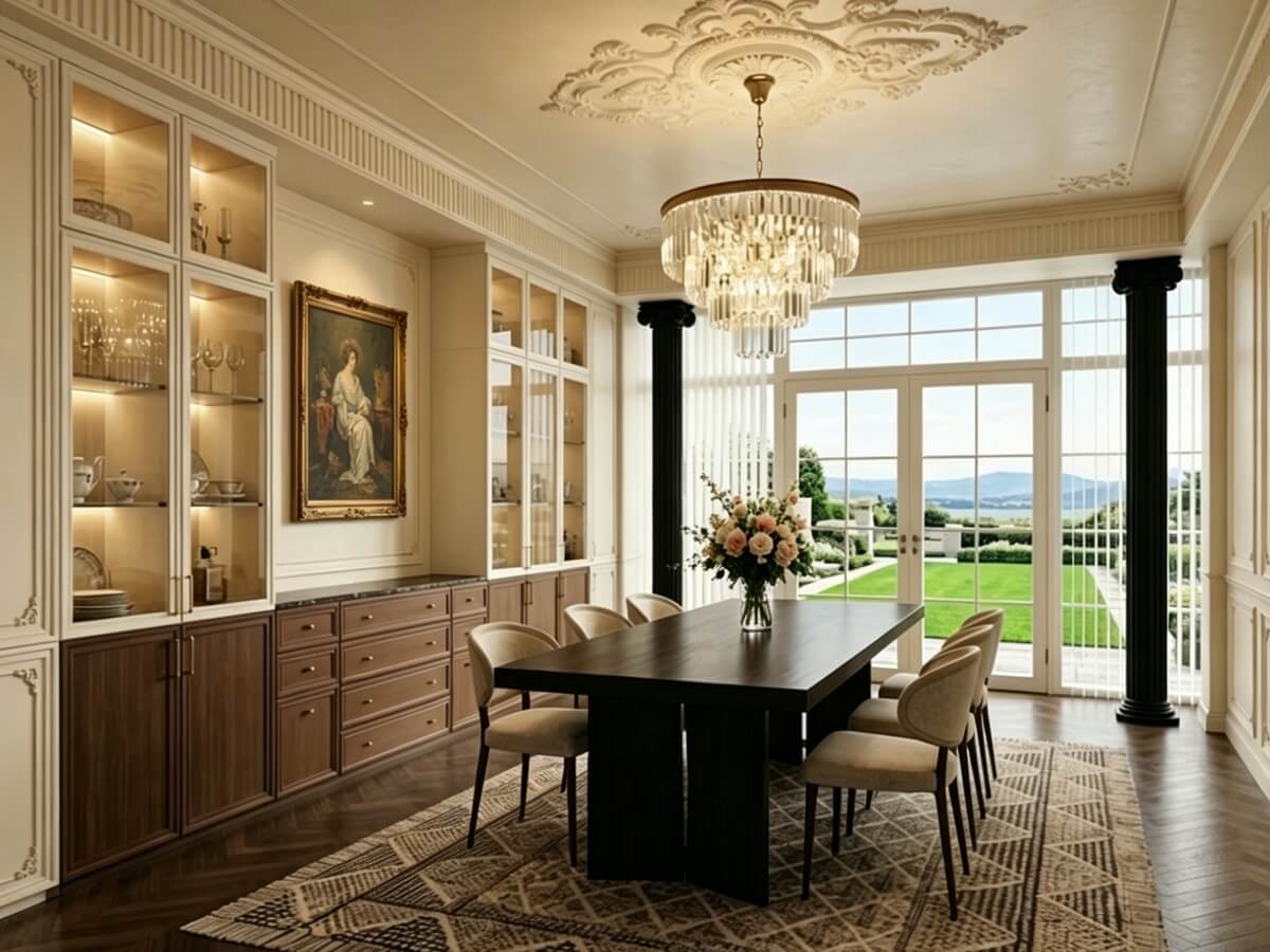 Bright modern dining space connected to an open kitchen, featuring full-height modular storage walls and a contemporary marble dining table.