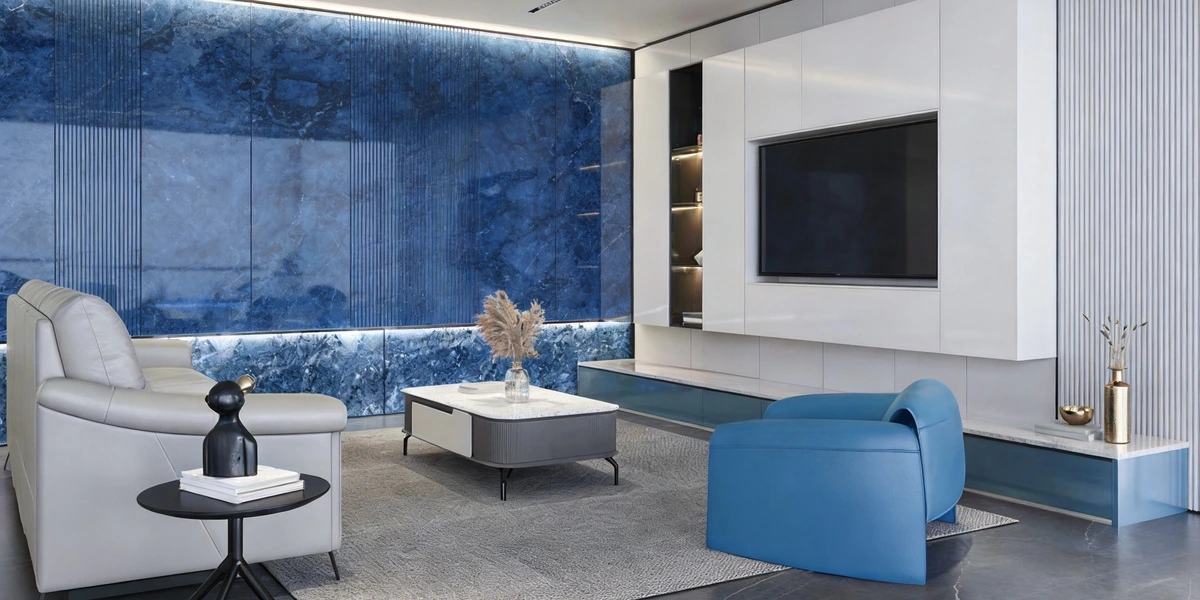 Luxury full house solution for a modern living room featuring integrated media cabinetry and wall panels in the same color for a sleek, architectural finish.