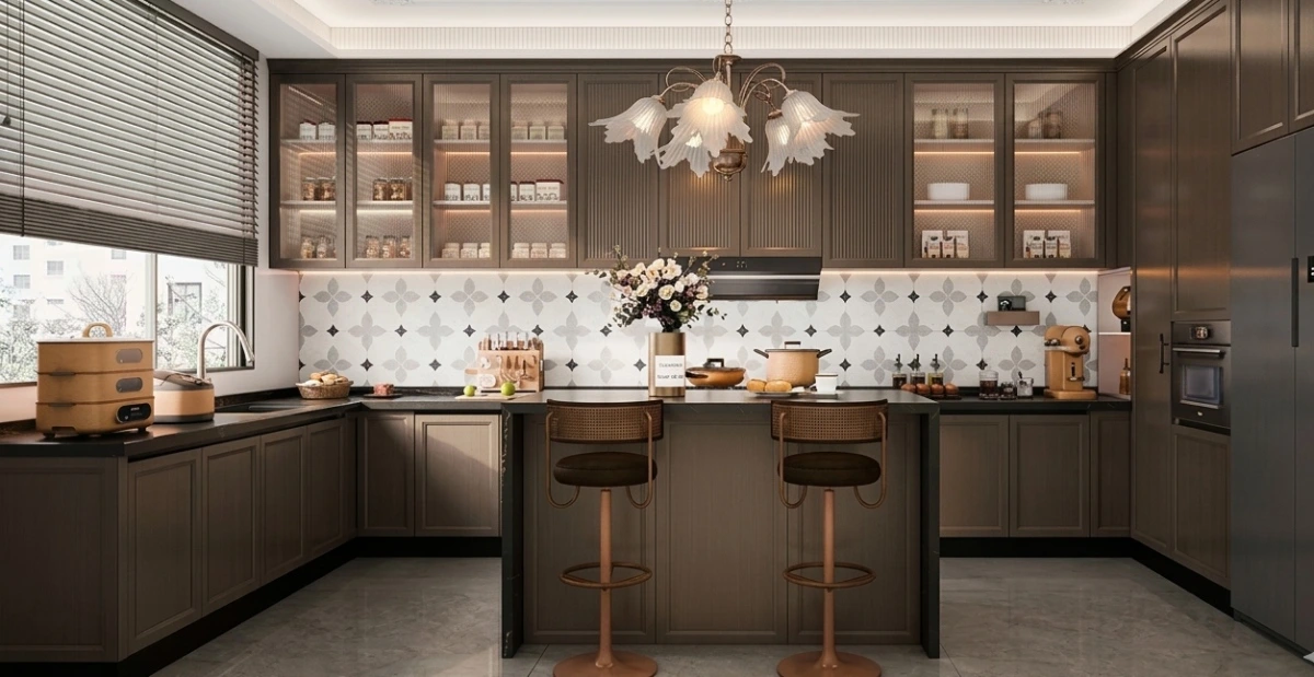 Luxury full house solution featuring a modern open kitchen where the cabinetry, wall surfaces, and pantry doors are the same color, creating a clean, architectural look.